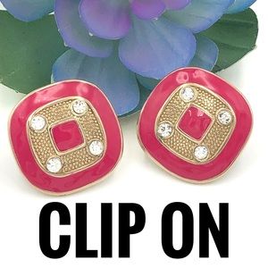 Pink Square Rhinestone Gold Clip On Earrings
